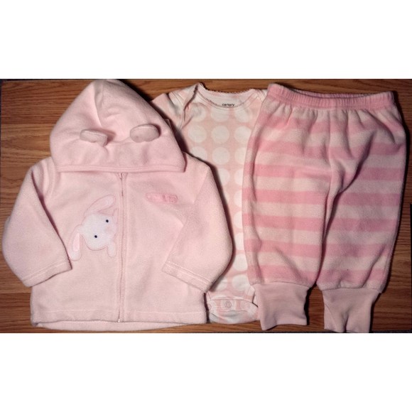 Girl's Size 3-6 M Months 3 Pc Pink Fleece "Peek A Boo" Bunny Jacket, Top & Pants - Picture 1 of 7